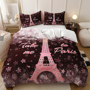 Set Copripiumino Matrimoniale con Stampa Digitale 3D, 3 Pezzi, Motivo a Pois, Rose e Torre Eiffel, 300 Fili - Product Image 3