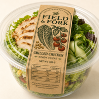 Étiquettes alimentaires personnalisées en papier kraft à faible MOQ, rouleaux d'autocollants imperméables de qualité alimentaire pour emballages de salades et de repas