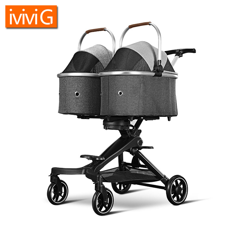 U801T Luxury Aviation Aluminum Folding Detachable Double Pet Trolley with Shock Absorption System Twins Pet Dogs Strollers