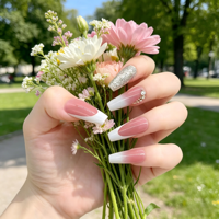 24 faux ongles réutilisables en PMMA, forme cercueil, avec strass dégradés à la française, luxueux et durables, pour usage manuel