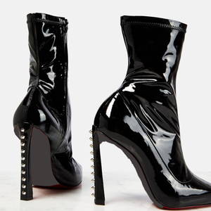 Back Metal Rivets <b>Ankle</b> <b>Booties</b> Sexy Women's Bright Patent Pointed Toe Short Boots High Heels Side Zipper Shoes - Product Image 3