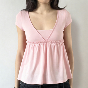 Women’s Y2K Cute Solid Color V-Neck Short Sleeve Babydoll T-<b>Shirt</b> Summer Sweet Casual Top - Product Image 1