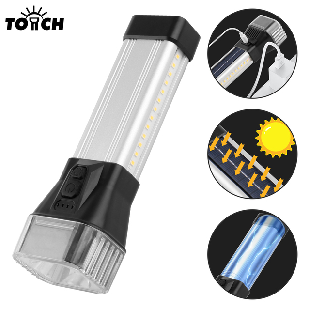 LED Solar Camping Light Bright Outdoor Portable Solar Rechargeable Flashlight Outdoor Work Light ABS Body COB Light