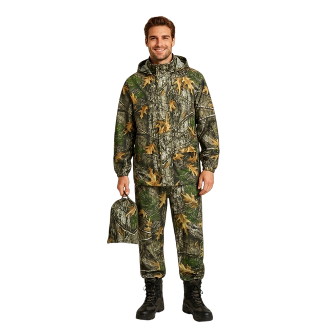 AQTQ Grassland Camo Silent Hunting Rain Suit Waterproof Windproof Lightweight Packable Hooded Jacket & Pants Set for Men