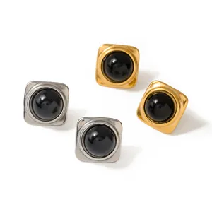 J&D 18K Waterproof Stainless Steel Jewelry Chunky Clean Fit Geometric Square Black Agate Stud Earring
