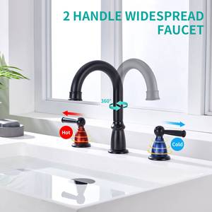 ก๊อกน้ำห้องน้ำแบบติดตั้งบนอ่างล้างหน้า 3 รู ขนาด 4 นิ้ว ดีไซน์ทันสมัย ทำจากทองเหลืองและสแตนเลสสีดำ พร้อมระบบควบคุมการไหลของน้ำแบบเซรามิก - Product Image 2