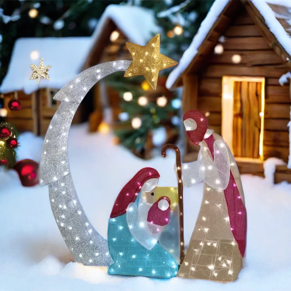 72-дюймовая Рождественская Статуэтка «Святая семья» со светодиодной подсветкой, праздничная декоративная игрушка из ткани и керамики для подарков