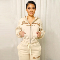 Ensemble de survêtement en molleton de coton personnalisé de haute qualité pour femmes, avec impression, comprenant un sweat à capuche court et un pantalon de survêtement