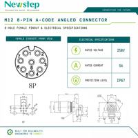 Connecteur M12 à angle droit pour PCB, 8 pôles, code A, 60V/2A, prise de panneau à soudure, contacts en cuivre plaqué or, borne industrielle