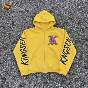 Custom logo Vintage 2 Piece <b>Tracksuit</b> Distressed Ripped Zip Hoodie Print Wide Leg Sweatpants Streetwear Set - Product Image 2