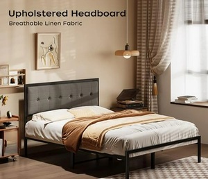 Modern Grey Queen Panel Metal Platform <strong>Bed</strong> with Fabric Tufted Headboard and 10.62" <strong>Underbed</strong> Storage - Product Image 6