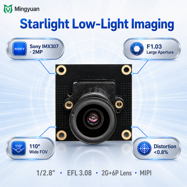 2MP MIPI Camera Module IMX307-LQR-C 1/2.8" Sensor 1080P 60fps F1.03 Low Light 110 FOV 32x32mm 2G+6P Lens OEM
