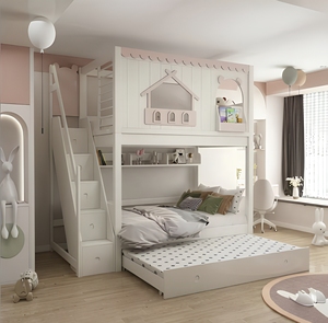 Solid Wood Kids Bunk <strong>Bed</strong> with Trundle | House Shape Staircase Storage Drawers | Girls Bedroom Triple Sleeper OEM Custom Factory - Product Image 1