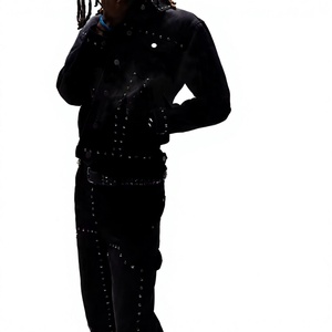 Women Black Denim Tracksuit Full Sleeve Button Up <b>Jacket</b> And Pants <b>Rhinestone</b> Decorated Streetwear Set Autumn Wear - Product Image 3