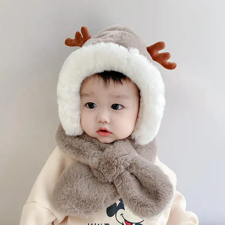 Winter new thickened baby antlers hat scarf combo one warm baby cotton cap for boys and girls kids children windproof plush cap