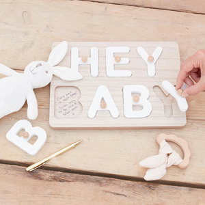 Baby Shower Decoraciones Hey Baby Rompecabezas de madera Baby Shower Recuerdo Suministros - Product Image 1