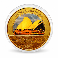 Pièce de monnaie 2026 de l'Opéra de Sydney, ensemble vue cinq angles, impression couleur sur fer plaqué or avec étui