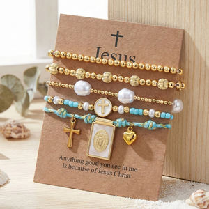 ชุดกำไลข้อมือ Go2boho ลายกางเขนพระเยซูและพระแม่มารี ประดับมุกและลูกปัดเทอร์ควอยซ์ ชุบทอง ผลิตภัณฑ์คริสเตียน เครื่องประดับ ของขวัญสำหรับผู้หญิง - Product Image 1