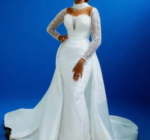 Robe de mariée sirène en dentelle à manches longues pour <span class=keywords><strong>femme</strong></span> S0110Y avec traîne en satin détachable, robe de mariée perlée - Product Image 2