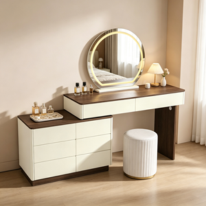 Coiffeuse moderne blanche avec miroir LED rond, meuble de rangement et tabouret pour chambre à coucher - Product Image 3