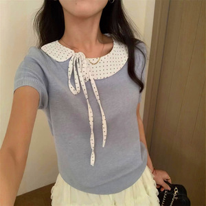 Chemisier en dentelle à manches courtes pour <span class=keywords><strong>femme</strong></span>, style vintage, col rond uni, avec nœud sur le devant, chemise décontractée d'été, haut tissé respirant pour <span class=keywords><strong>femme</strong></span> - Product Image 1