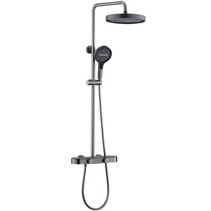 Juego de ducha gris bronce con cabezal de lluvia y de mano, válvula de cerámica, cromo, función de masaje con burbujas - Product Image 1