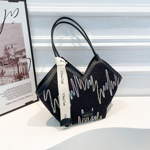 Sac fourre-tout tendance pour femme, couleur unie, motif tissé imprimé, ruban en soie décoratif, léger, zippé, grande capacité pour le quotidien - Product Image 6