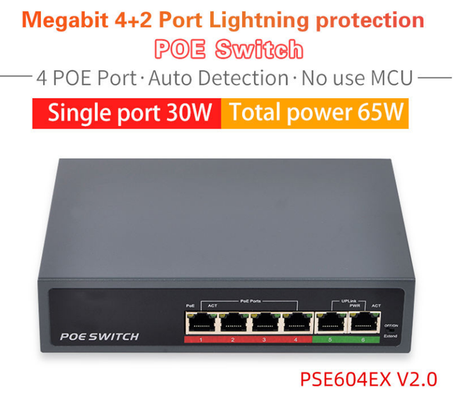 10/100Mbps Extender 250m Function 4KV lightning protection 10/700us 4+2 Port 48V PoE Switch