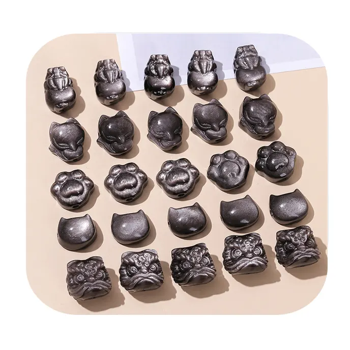 DIY Natural Stone Silver Obsidian Carved Patterned Bead Cat Paw Pixiu Animals Shape Bead With Hole For Jewelry Making Necklace