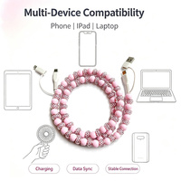 Câble de données USB Type C 4 en 1 imprimé à carreaux roses avec perles pour téléphone portable, écouteurs, ordinateur portable