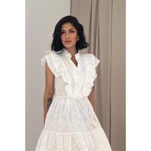 Robe blanche à volants coupe trapèze, taille naturelle, tissée respirante, pour usage quotidien décontracté - Product Image 3