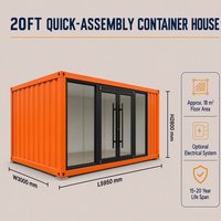 Conteneur en acier ondulé orange avec murs entièrement vitrés, portes doubles et mobilier adapté pour bureau ou espace de vie