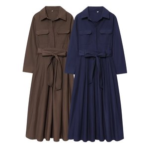 Abito da donna autunno 2025 nuovo stile casual Joker con risvolto tascabile abito da donna retrò elegante a maniche lunghe da donna - Product Image 1