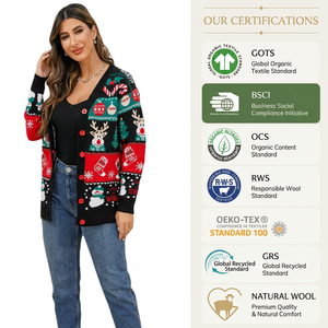 FNJIA Cardigan en tricot pour <span class=keywords><strong>femme</strong></span>, col en V, manches longues, motif jacquard renne et bonhomme de neige, style décontracté pour les fêtes de Noël - Product Image 1