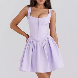 Abito Corto Estivo da Donna Personalizzato OEM, Casual, con Colletto Quadrato, <span class=keywords><strong>in</strong></span> <span class=keywords><strong>Maglia</strong></span> Tinta Unita, Senza Maniche, Linea A, Mini Corsetto - Product Image 1