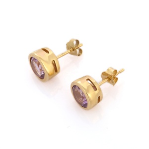 Boucles d'oreilles en or jaune massif 14 carats faites à la main de créateur goujons en pierres précieuses améthyste naturelle cadeau d'anniversaire de mariage de mode minimaliste - Product Image 2