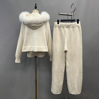 Ensemble deux pièces tricoté sur mesure pour femme avec col en vraie fourrure de renard, pull ample et pantalon, avec capuche – Vente en gros, haute qualité