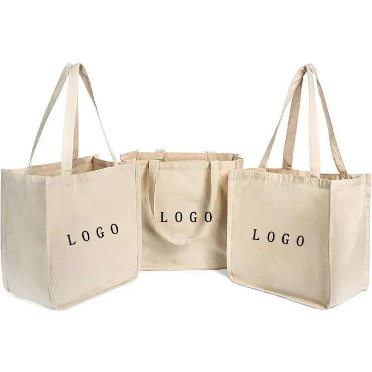 Sacola de lona de algodão reciclado liso, eco-friendly, logotipo personalizado, impresso, barato 14oz, grande, sacola de lona de algodão da compra