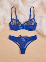 Ensemble de lingerie sexy bleu brodé en maille avec soutien-gorge à armatures et culotte pour femme