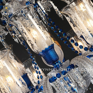 Lustre en cristal moderne luxueux Premier France à 2 niveaux, fleurs bleues en verre, installation suspendue pour hôtel incluse - Product Image 5