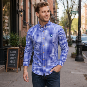 Nuova <span class=keywords><strong>Camicia</strong></span> Personalizzata con Logo, Formale da <span class=keywords><strong>Uomo</strong></span> <span class=keywords><strong>a</strong></span> Maniche Lunghe, <span class=keywords><strong>a</strong></span> <span class=keywords><strong>Righe</strong></span> <span class=keywords><strong>Blu</strong></span> <span class=keywords><strong>e</strong></span> Bianche, <span class=keywords><strong>a</strong></span> Quadretti Gingham, con Bottoni, Taglie Forti, Casual - Product Image 3