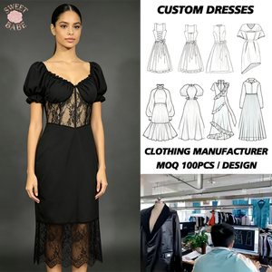 Elegante Vestido Midi Bodycon para Mujer, Manga Corta Abullonada, Escote Corazón, Diseño de Corsé de Encaje, Vestido Midi Negro para Fiesta - Product Image 1