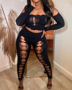 ชุดเซ็ต <span class=keywords><strong>2</strong></span> ชิ้น เสื้อครอปถักลายฉลุและเลกกิ้งสำหรับผู้หญิง ชุดเซ็ตสองชิ้นผ้าตาข่ายสไตล์เซ็กซี่ Y2K สำหรับผู้หญิง - Product Image 1