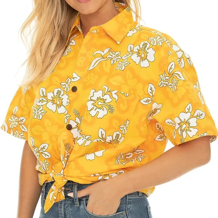 New Style Man Button Up Yellow Hibiscus Print Hawaiian Shirt Wholesale Aloha Shirts