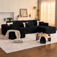 Sofa Modular Cloud Couch US Stock 133 inci, warna hitam corduroy, bentuk U, sofa sectional tanpa rangka, busa empuk, sofa lantai untuk ruang tamu