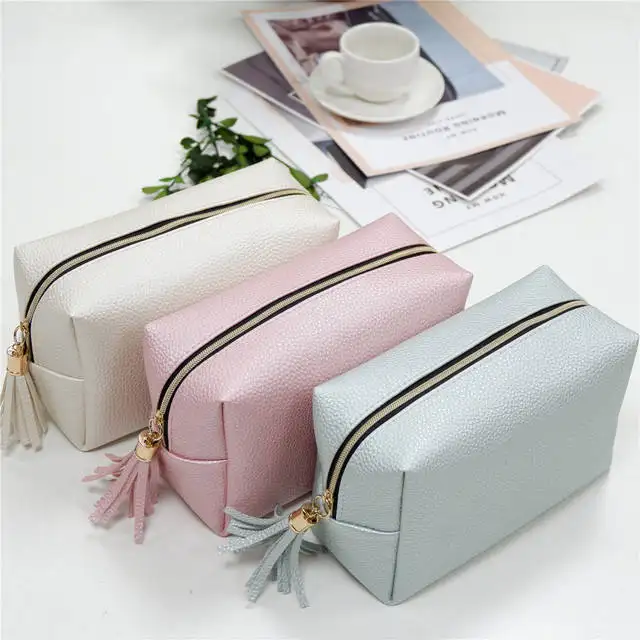 Custom Pu Leather Toiletry Storage Bag Daily Shopping Purse Clutch Square Pouch Travel Cosmetic Makeup Bags with Tassel Zipper