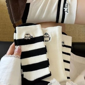 Mid Calf <b>Socks</b> Women Cotton Animal Pattern Breathable Sweat Absorbing Odor Resistant <b>Black</b> White Striped Sleepy Cat Design - Product Image 2