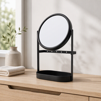 Miroir de courtoisie rond personnalisé avec plateau de présentation pour boucles d'oreilles, socle en métal noir mat, miroir cosmétique en gros
