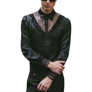 2023 यूरोपीय अमेरिकी पुरुषों फैशन सेक्सी फीता उच्च गुणवत्ता वाली शर्ट काले लंबी आस्तीन पुरुषों के स्वभाव के शीर्ष