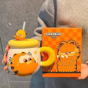Taza de cerámica Dnx Garfield con tapa y pajita, diseño de dibujos animados amarillos, para oficina, hogar, regalo de graduación, taza individual - Product Image 5
